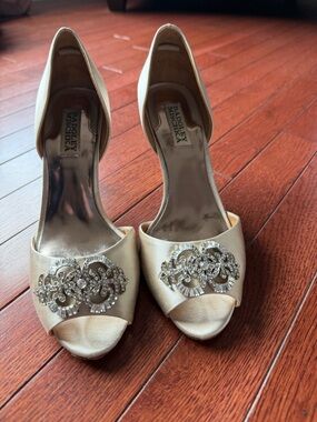 Badgley Mischka Gold Satin Peep-Toe Heels with Crystal Embellishment